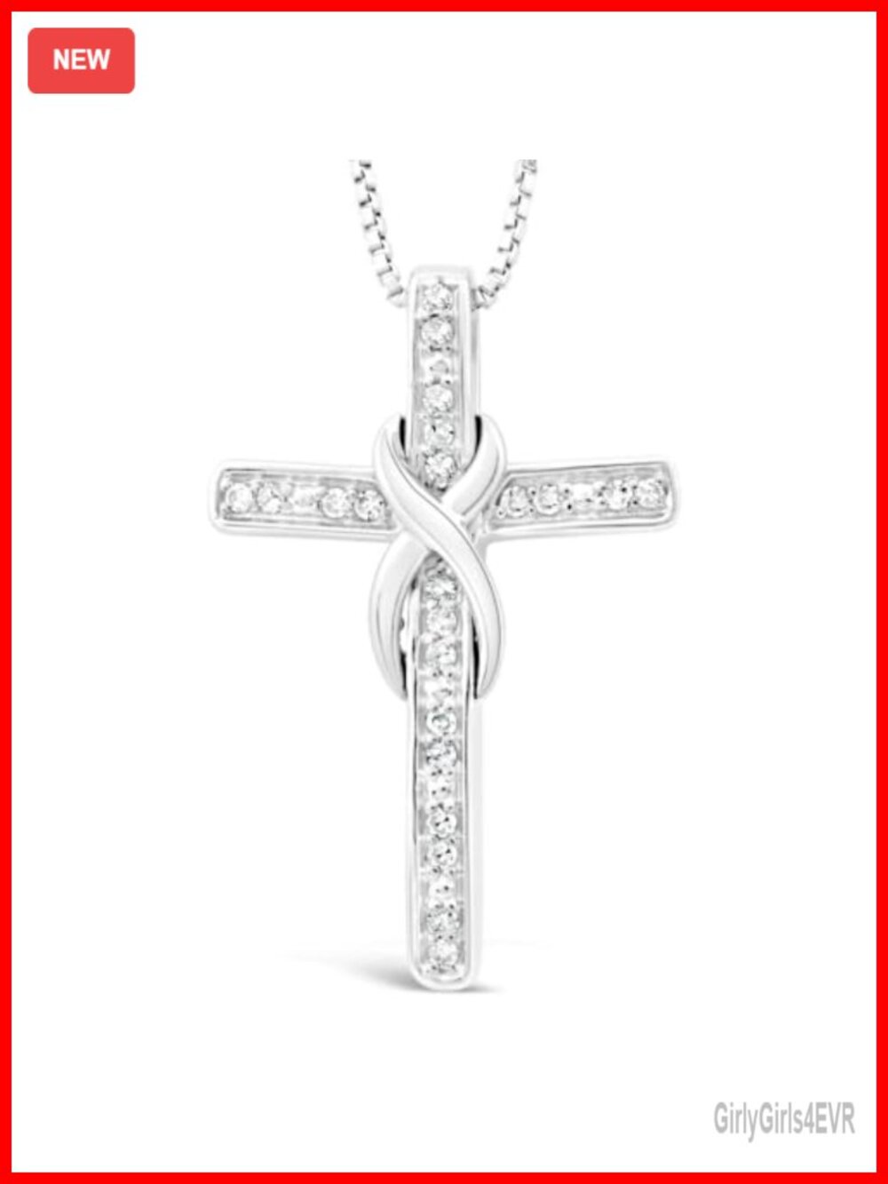 Diamond Infinity Cross Necklace Rhodium Plated Sterling Silver 1/10 Carat